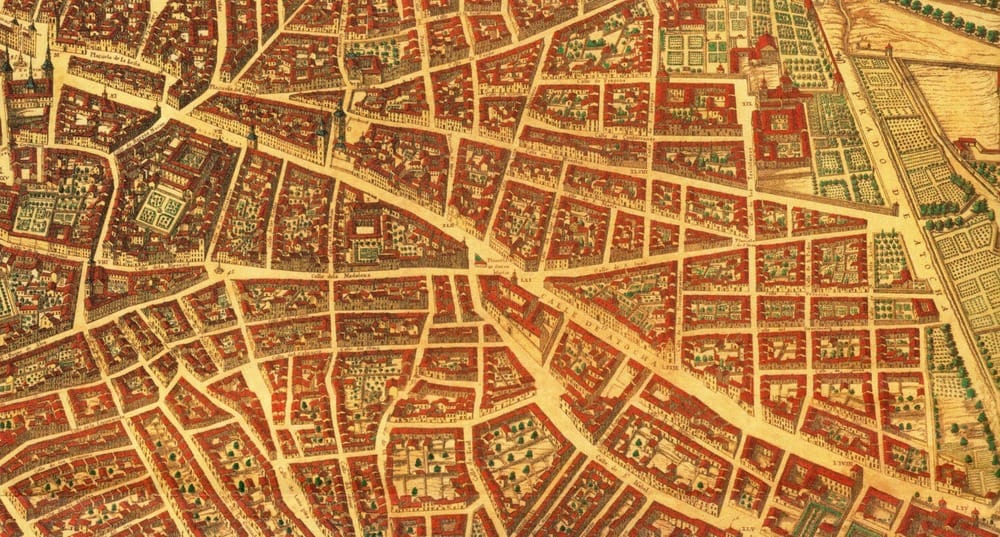 Mapa antiguo del Barrio de las Letras de Madrid. Cervantes y el Siglo de Oro.